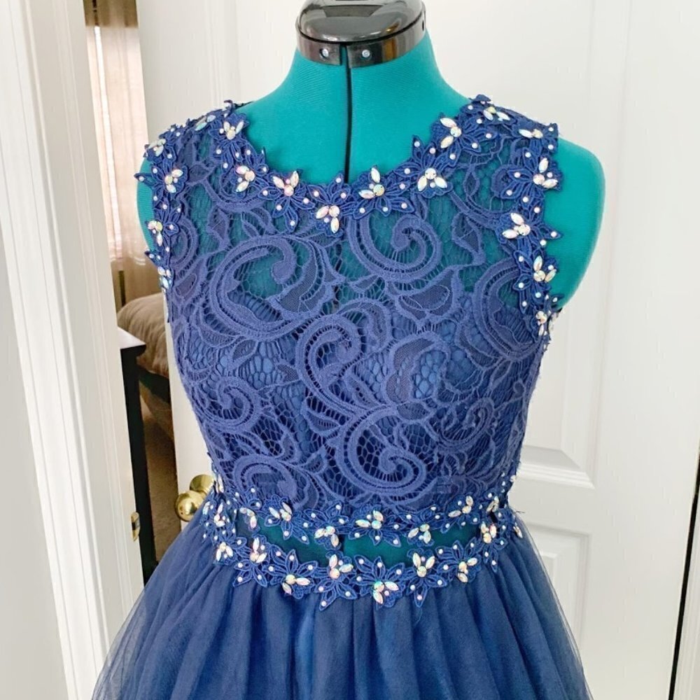 Homecoming Prom Party Beaded Lace Rhinestone Tulle Skater Dress - Picture 3 of 14